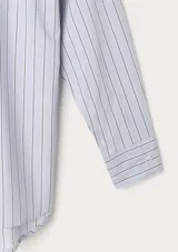 Camisa de manga larga con cuello clásico y cierre frontal con botones. Presenta un diseño a rayas verticales en tonos beige y crema.