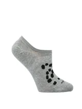 Medias invisibles de corte bajo, color gris melange, con diseño de huellas de perro negras en el empeine.