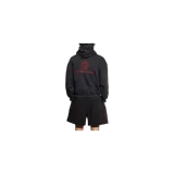 Hoodie Balenciaga de color gris oscuro, con capucha y bolsillo tipo canguro. Presenta un diseño bordado en color rojo en el pecho con un escudo y la inscripción de la marca, además de detalles bordados en las mangas.