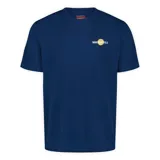 Remera de manga corta color azul marino con cuello redondo. Presenta un pequeño logo estampado de la marca Merrell en el pecho, con un diseño circular en color amarillo.