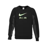Buzo negro de cuello redondo con logo Nike Air y swoosh en verde neón. Mangas ranglán con paneles laterales en gris.