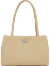 Cartera tote color beige de Tommy Jeans, con doble asa corta, compartimento principal con cierre, bolsillo interno con cierre y bolsillo interno abierto. Presenta insignia con el logo de la marca en el frente.