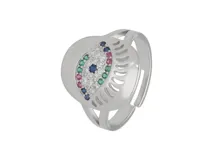 Anillo de plata 925 ajustable con diseño de ojo turco central y circonias multicolor.