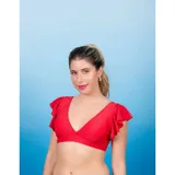 Bombacha de bikini tiro alto azul con estampado tropical de hojas en tonos rojos y celestes.