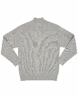 Campera de tejido de punto acanalado en color negro, con cuello alto y cierre frontal completo. Presenta un diseño minimalista con un pequeño logo bordado en el pecho.