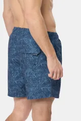 Short de baño azul con estampado de hojas, cintura elástica con cordón ajustable, bolsillos laterales y suspensor de malla fina.