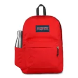 Mochila JanSport roja con bolsillo frontal con cierre y organizador interno, bolsillo lateral para botella de agua, panel trasero y correas acolchadas.