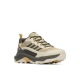 Calzado de trekking Merrell Speed Strike 2, de color beige con detalles en marrón oscuro y amarillo, fabricado con materiales sintéticos y malla transpirable, diseñado para senderismo y actividades al aire libre.