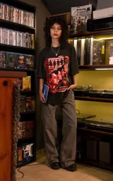 Remera de manga corta con cuello redondo y calce oversize, color negro con efecto lavado. Presenta un estampado frontal gráfico con motivos musicales y tipografía en tonos rojos y blancos.