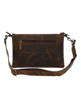 Cartera tipo bandolera de cuero natural color marrón, con diseño de relieves de motivos florales. Cuenta con cierre superior, correa ajustable y extraíble, y herrajes metálicos.