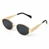 Lentes de sol con armazón metálico dorado de formato redondo, lentes oscuros y patillas combinadas en dorado y negro.