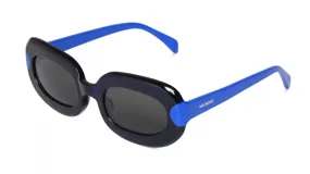 Lentes de sol Mr Boho modelo Palermo, con montura ovalada de acetato color azul marino con detalles celestes en los laterales y lentes grises.