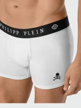 Bóxer blanco de algodón con pretina elástica negra con logo Philipp Plein y calavera estampada en la pierna.