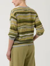 Sweater de punto con diseño de rayas horizontales orgánicas en tonos verde, amarillo y gris. Presenta cuello redondo y mangas largas con puños acanalados.
