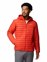 Campera puffer con capucha Columbia modelo Powder Pass Hooded, color rojo, con cierre frontal y bolsillos laterales con cierre. Incluye tecnología Omni-Shield y aislamiento Thermarator.