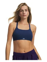 Top deportivo de sujeción media Under Armour modelo Motion Mid Bra, color azul marino, con tirantes cruzados y banda inferior elástica con el logo de la marca.