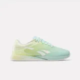 Championes Reebok Nano X5, calzado deportivo de entrenamiento en tonos verde menta y amarillo claro con detalles blancos.