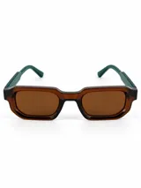 Lentes de sol con armazón rectangular de acetato marrón traslúcido y patillas verdes, con cristales marrones.