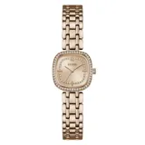 Reloj analógico Guess modelo Hazel con caja cuadrada de 25 mm y correa de eslabones tipo brazalete, todo en tono oro rosa. La esfera presenta un acabado sunray con detalles de cristales incrustados tanto en el bisel como en el interior de la esfera.