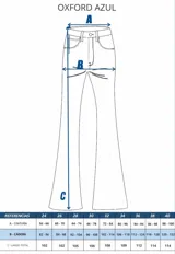 Jean oxford de tiro alto en denim azul oscuro, con calce ajustado en cadera y muslos, y botamanga amplia. Confeccionado en tejido elástico que se adapta a la silueta.
