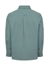 Camisa de manga larga RKF modelo Galiton, color verde, confeccionada en algodón orgánico. Cuenta con cuello camisero, cierre frontal con botones de madera, un bolsillo aplicado en el pecho con el logo bordado y sistema para arremangar las mangas.