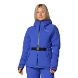 Campera de esquí técnica Columbia Titanium, color azul, con capucha ajustable, cierre frontal de doble vía, cinturón integrado en la cintura, ventilación en axilas y puños con orificios para pulgares.