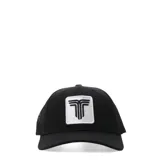 Gorro de béisbol negro con paneles de malla en la parte trasera y parche cuadrado con logo bordado en blanco en el frente.