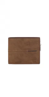 Billetera plegable para hombre de cuero sintético color marrón, con diseño de costuras decorativas, compartimentos para tarjetas, visor para documentos y bolsillo interno con cierre.