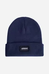 Gorro de lana azul marino con logo de la marca Mistral en etiqueta negra en el frente.