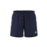 Shorts de running Adidas color azul marino con tres tiras blancas en los laterales y logo de la marca en el ruedo. Cordón ajustable con la palabra "Running" estampada.