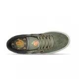 Championes de skate Emerica modelo Tilt G6 Vulc, colaboración con OJ Wheels. Diseño en color verde oliva con detalles en negro y naranja, confeccionados en gamuza y lona, con suela vulcanizada blanca.