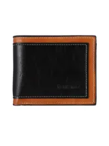 Billetera plegable de diseño bicolor, combinando cuero sintético negro y marrón con costuras decorativas en contraste. Presenta el logo de la marca grabado en el frente.