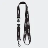 Cordón para cuello Vans con diseño estampado del logotipo de la marca en color blanco sobre fondo negro. Incluye un cierre de hebilla de plástico extraíble y un mosquetón metálico en el extremo.