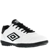 Championes de fútbol 5 Umbro modelo Touch TF, color blanco con detalles en negro. Presentan el logo de la marca en el lateral, cierre con cordones y suela diseñada para césped sintético.