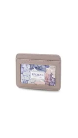 Tarjetero de símil cuero color beige con visor frontal transparente y ranuras para tarjetas.