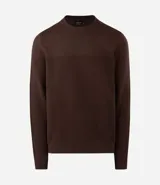 Suéter de punto para hombre con cuello redondo y manga larga. Presenta un diseño combinado con una parte superior lisa y una parte inferior con canalé texturizado horizontal. Marca Marfinno.