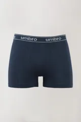 Boxer azul marino sin costuras de algodón, con cintura elástica gris con el logo de la marca.