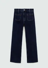 Jeans de tiro medio con diseño acampanado y corte cropped. Presenta bolsillos de parche en la parte delantera y trasera, cierre frontal con cremallera y botón, y trabillas para cinturón.