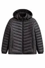 Campera puffer negra con capucha, cierre frontal completo y bolsillos laterales con cierre. Presenta un diseño acolchado con costuras en forma de V.