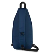Morral tipo bandolera JanSport, color azul marino, con diseño ergonómico de una sola correa ajustable, compartimento principal con cierre y bolsillo frontal con logo de la marca.