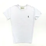 Remera blanca de algodón con cuello redondo y manga corta. Estampado pequeño de un pájaro en el pecho.