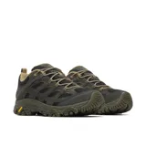 Championes de senderismo Merrell modelo Moab 3, color verde oliva con detalles en negro. Confeccionados en gamuza y malla transpirable, cuentan con suela Vibram de alta tracción y amortiguación en el talón.