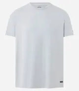 Remera deportiva de hombre con tecnología dry fit, cuello redondo y manga corta. Presenta un diseño liso en color gris claro con una pequeña etiqueta decorativa aplicada en el dobladillo inferior.