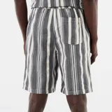 Bermuda de hombre con diseño de rayas verticales en tonos azul marino y blanco, con cintura elástica y cordón ajustable.