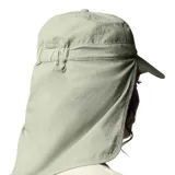 Gorro tipo legionnaire de la marca Columbia, color verde claro, diseñado con tecnología de protección solar UPF 50 y repelente de humedad. Cuenta con una solapa protectora para el cuello y elástico en la parte posterior para un ajuste seguro.