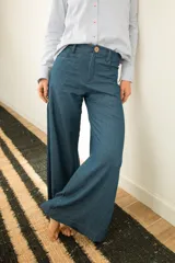 Pantalon de jean azul oscuro con corte wide leg, tiro medio y costuras frontales verticales. Presenta cierre frontal con botón a la vista.