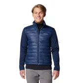 Chaqueta híbrida Columbia con panel frontal acolchado y mangas de tejido softshell liso. Cuenta con cierre frontal completo, cuello alto y bolsillos laterales con cierre. Diseño técnico con tecnología Omni-Shield repelente al agua y aislamiento térmico sintético.