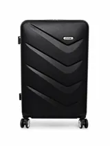 Valija rígida color negro, modelo Lagos de 24 pulgadas, con diseño texturizado de líneas diagonales y cuatro ruedas dobles.