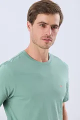 Remera lisa de manga corta y cuello redondo, color gris oscuro, de calce cómodo con pequeño logo bordado en el pecho.