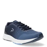 Championes deportivos de hombre color azul marino, con diseño de malla transpirable, refuerzos sintéticos en la puntera y laterales, y suela blanca con amortiguación.
